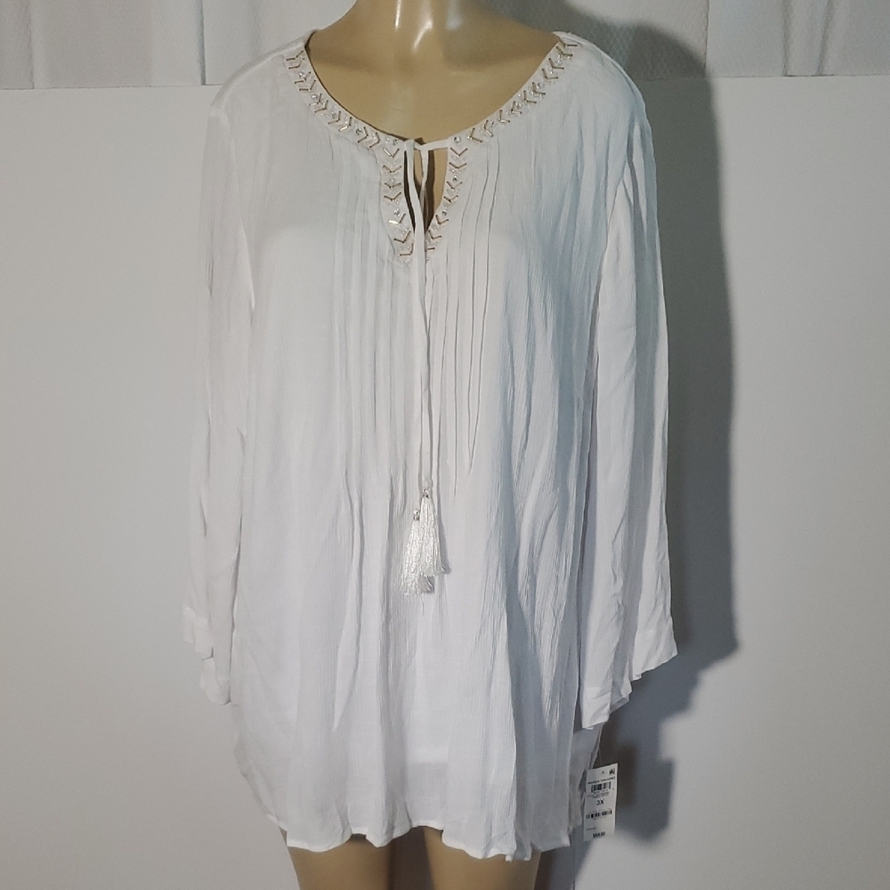 NWT JM COLLECTION Elegant White Women's Top with Tassel Detail Size 3X